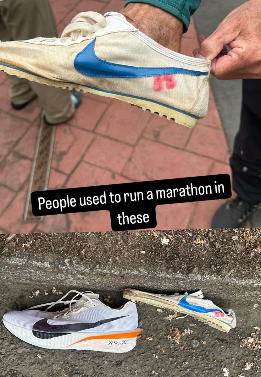 CitiusMag's tweet photo. What people used to run marathons in vs. today’s super shoes 

📸 via justyn_knight/IG https://t.co/0qKtKMViUs