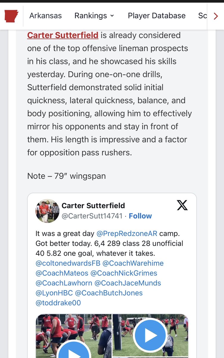 Carter Sutterfield (@cartersutt14741) on Twitter photo #AGTG honored to be named to the second team all camp <a href="/PrepRedzoneAR/">Prep Redzone Arkansas</a>. Getting better every day! One goal and whatever it takes. <a href="/CoachLawhorn/">Will Lawhorn</a> <a href="/RussHeidiSLC/">Russ and Heidi Phillips🏈</a> <a href="/Coach_Hols/">Greg Holsworth</a> <a href="/CoachWarehime/">𝐉𝐀𝐊𝐄 𝐖𝐀𝐑𝐄𝐇𝐈𝐌𝐄</a> <a href="/CoachMateos/">Eric Mateos 🐗</a> <a href="/CoachZAllen/">Zach Allen</a> <a href="/CoachNickGrimes/">Nick Grimes</a> <a href="/CoachBradSmiley/">Brad Smiley</a> <a href="/RoyThompsonFB/">CoachThompson</a> <a href="/Rivals/">Rivals</a> #AGTG honored to be named to the second team all camp <a href="/PrepRedzoneAR/">Prep Redzone Arkansas</a>. Getting better every day! One goal and whatever it takes. <a href="/CoachLawhorn/">Will Lawhorn</a> <a href="/RussHeidiSLC/">Russ and Heidi Phillips🏈</a> <a href="/Coach_Hols/">Greg Holsworth</a> <a href="/CoachWarehime/">𝐉𝐀𝐊𝐄 𝐖𝐀𝐑𝐄𝐇𝐈𝐌𝐄</a> <a href="/CoachMateos/">Eric Mateos 🐗</a> <a href="/CoachZAllen/">Zach Allen</a> <a href="/CoachNickGrimes/">Nick Grimes</a> <a href="/CoachBradSmiley/">Brad Smiley</a> <a href="/RoyThompsonFB/">CoachThompson</a> <a href="/Rivals/">Rivals</a>