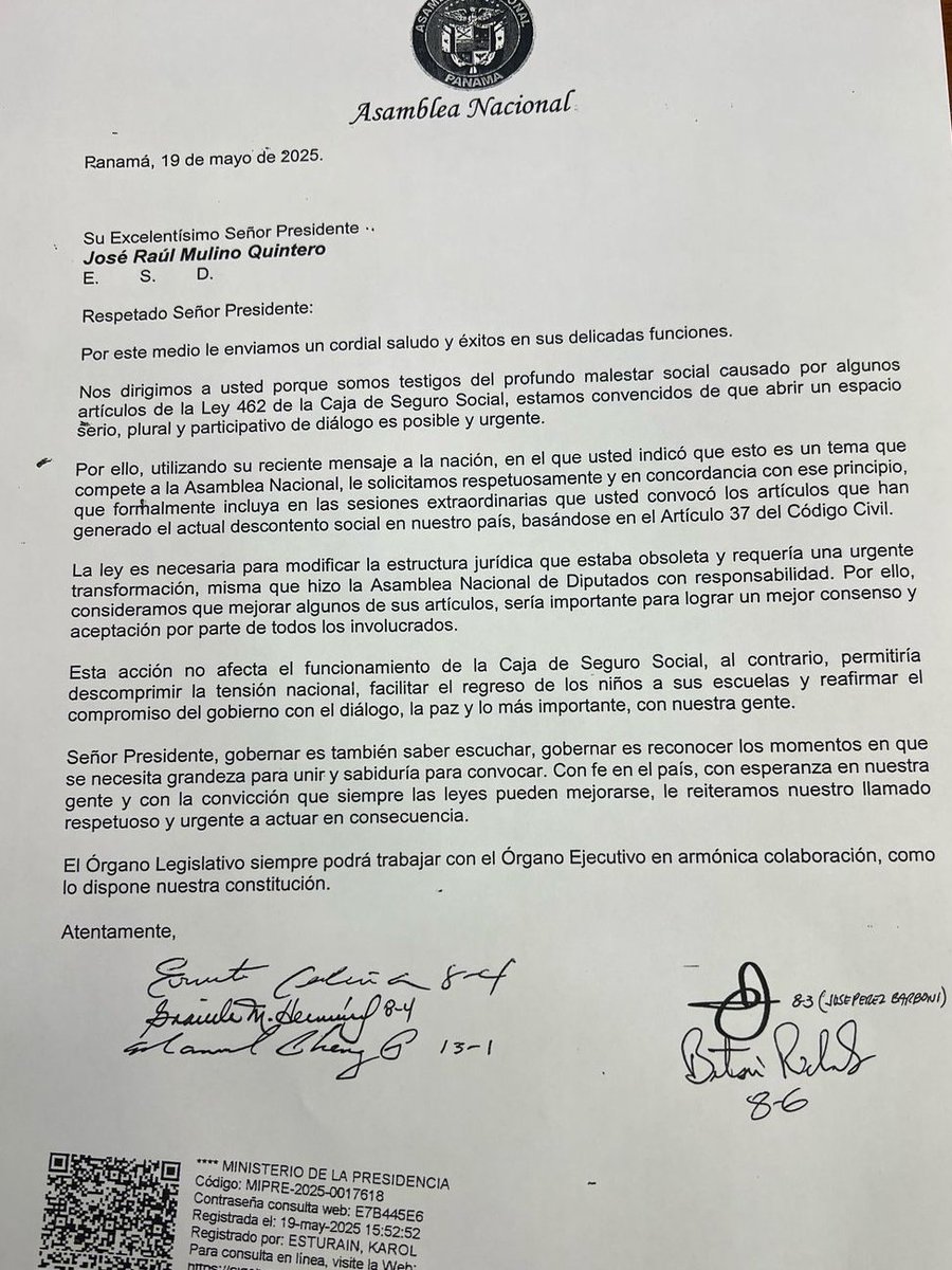 #EsNoticia🔴 Un grupo de diputados envió una carta al presidente <a href="/JoseRaulMulino/">José Raúl Mulino</a> solicitando que incluya en la convocatoria a sesiones extraordinarias los artículos que han causado polémica en las reformas a la Caja de Seguro Social (CSS).

"Mejorar algunos de sus artículos sería