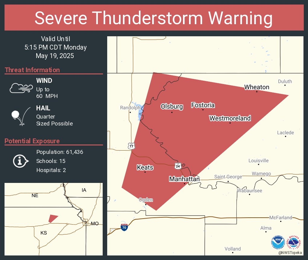 NWSTopeka's tweet image. Severe Thunderstorm Warning including Manhattan KS, Westmoreland KS and  Olsburg KS until 5:15 PM CDT