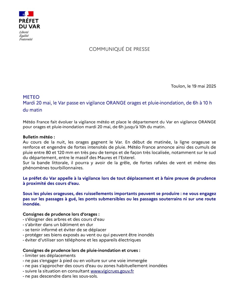 #METEO83 | 🟠Mardi 20 mai, le  #Var est placé en vigilance ORANGE pluie-inondation et orages de 6h à 10h du matin.
➡️Le plus fort de l’épisode devrait concerner le Massif des Maures jusqu'à l’Esterel avec de très fort cumuls de pluie en très peu de temps et très localisés.
➡️Sur