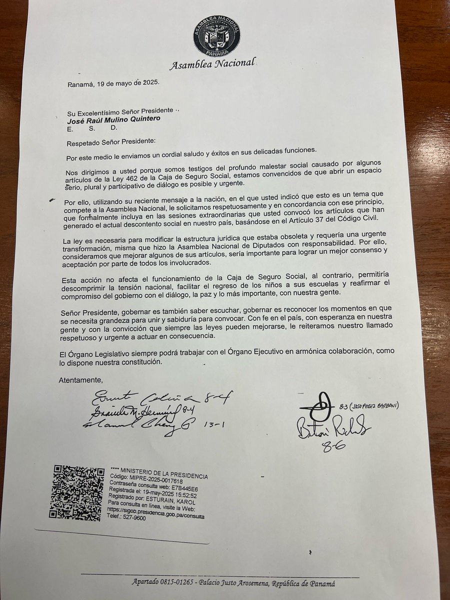 Cinco diputados están solicitando al presidente de la República de Panamá, José Raúl Mulino, incluir en las sesiones extraordinarias de la Asamblea Nacional un espacio para la discusión de los artículos de la Ley 462 de la Caja de Seguro Social (CSS) que han generado "malestar