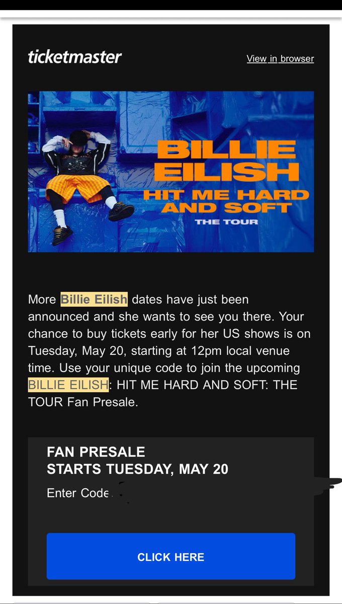 I have a Billie eilish presale code if anyone is interested in buying #BillieEilish #HitMeHardAndSoft #BillieEilishTickets