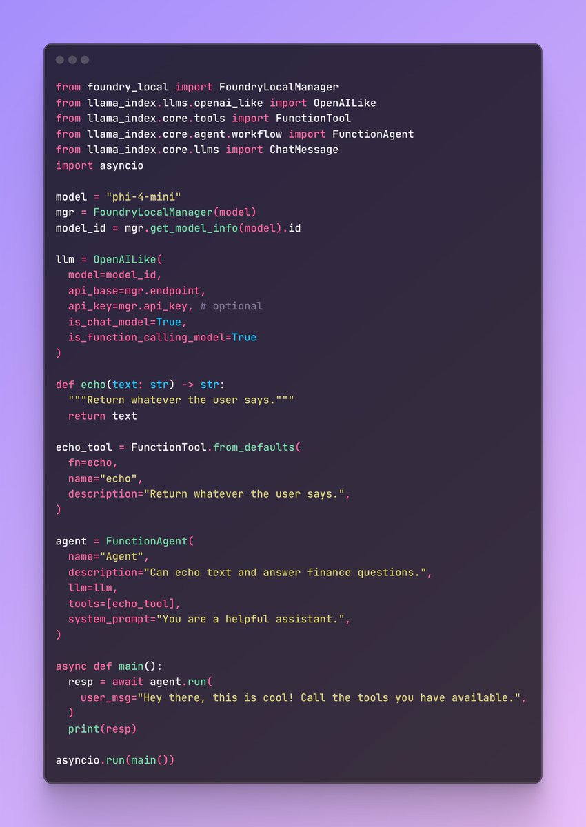 madebyivor's tweet image. Azure Foundry Local 🤝 @llama_index

#MicrosoftBuild