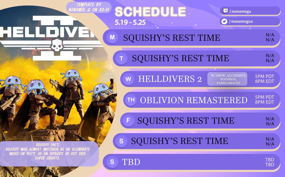 🪼 Schedule! 🪼

We need all helldivers on deck THEY ARE TOO CLOSE TO US

also my next AMV video is almost done so i might just schedule it on youtube and we'll have a stream going over BTS either this week or next week :3