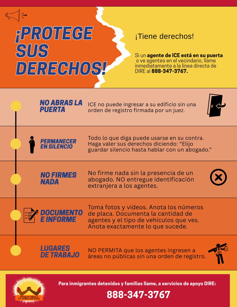 ¡Tiene derechos!

Si encuentras agentes de ICE en tu puerta, llama a la línea directa de DIRE al 888-347-3767.