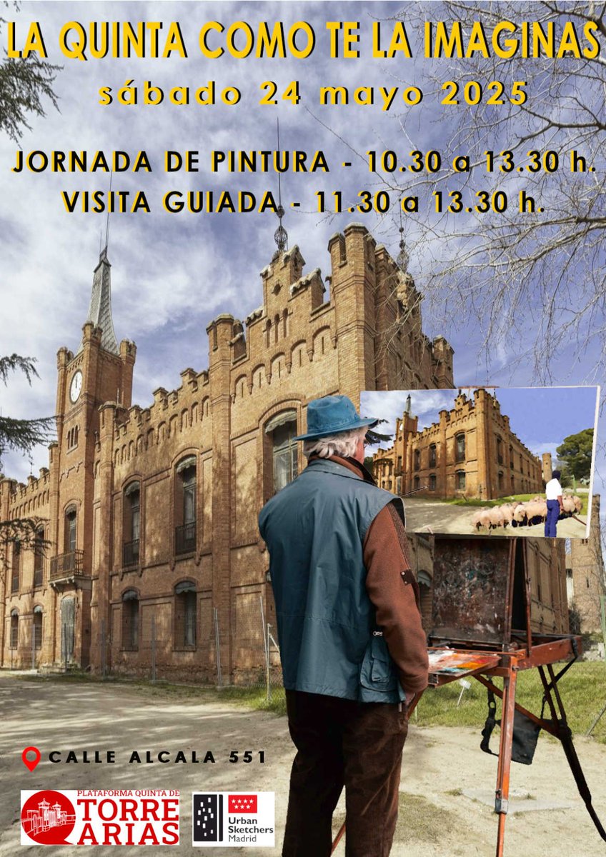 VISITA PINTADA A LA QUINTA DE TORRE ARIAS: 
La Plataforma Ciudadana de la Quinta  y el colectivo Urban Sketchers organizan para el sabado 24 de mayo de 2025 una visita guiada y jornada de pintura sobre las propuestas de futuro para la Quinta de Torre Arias. 
No te lo pierdas!!