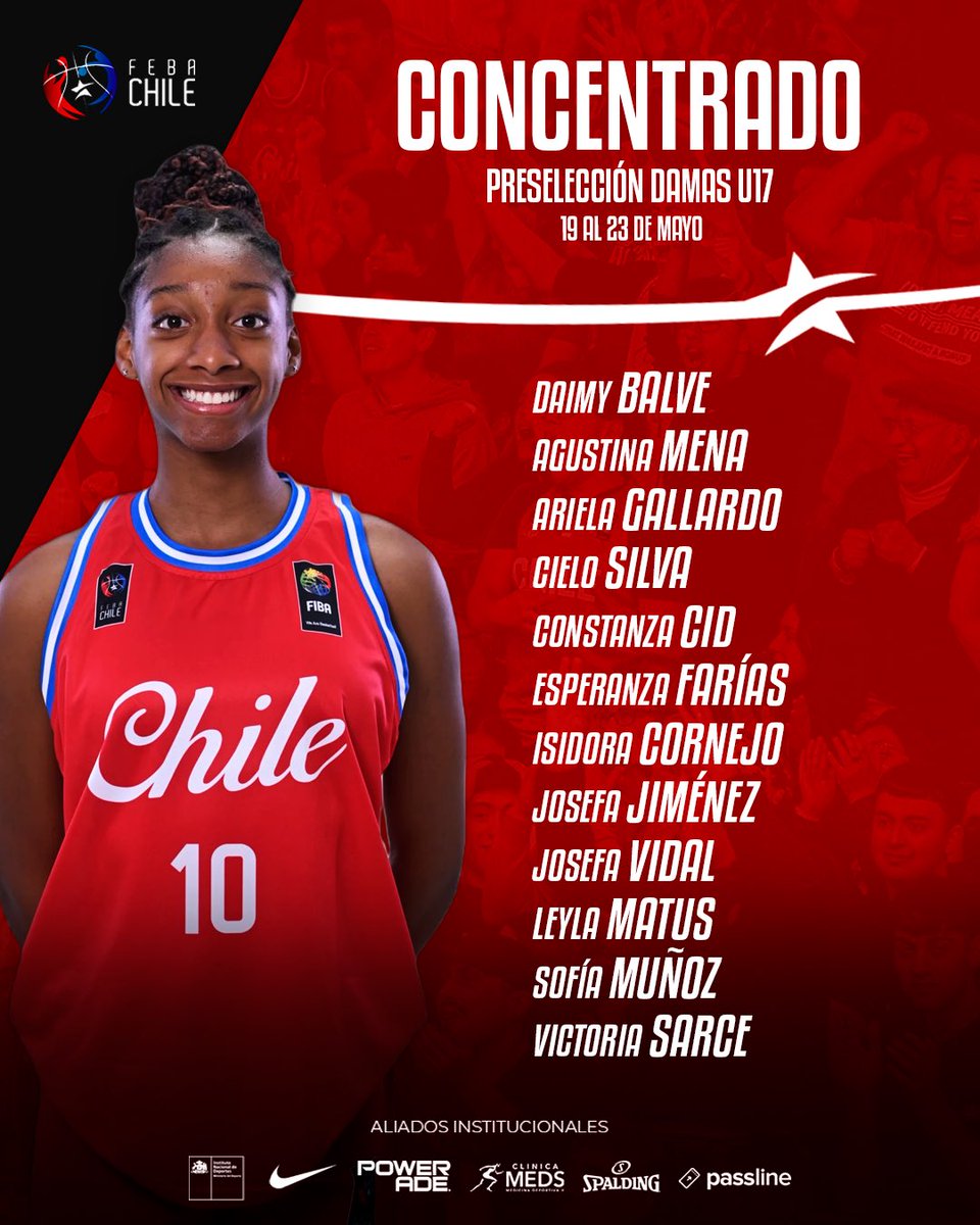 🏀 Convocatoria Pre-Selección Femenina U17 🇨🇱

🚨La Federación de Básquetbol de Chile se complace en convocar a las siguientes atletas como parte del proceso selectivo de la Pre-Selección Femenina U17.

⛹🏽‍♀️ Las deportistas comenzaron a entrenar este lunes 19 de mayo en el Centro
