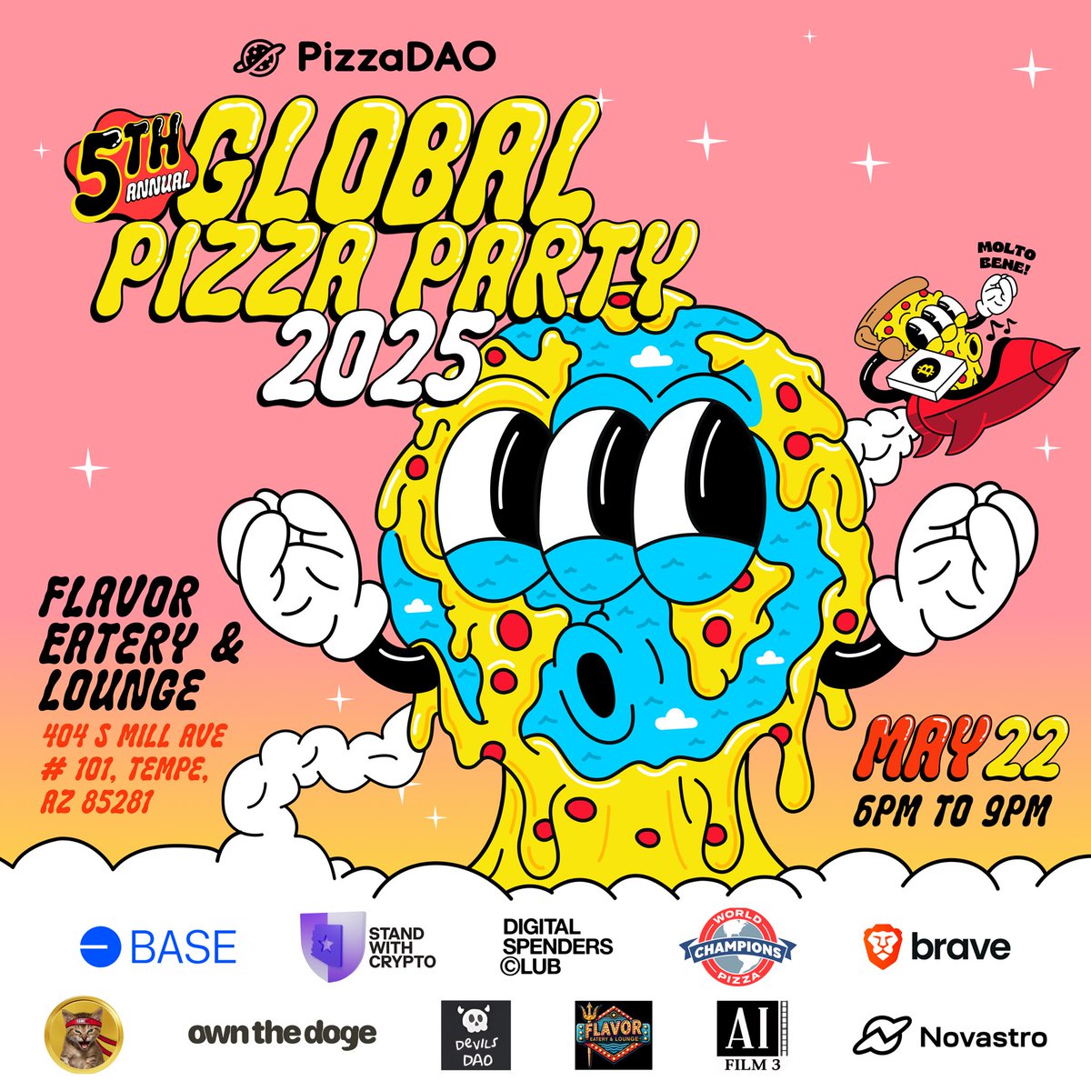 🍕 Join us for #BitcoinPizzaDay in Tempe! 🍕

This Thursday, May 22nd, 6PM at Flavor Eatery &amp; Lounge, we're celebrating the 5th Annual Global Pizza Party marking the historic 10,000 BTC pizza purchase!

RSVP:
Meetup- meetup.com/stand-with-cry…
Unlock- app.unlock-protocol.com/event/global-p…

PLUS: