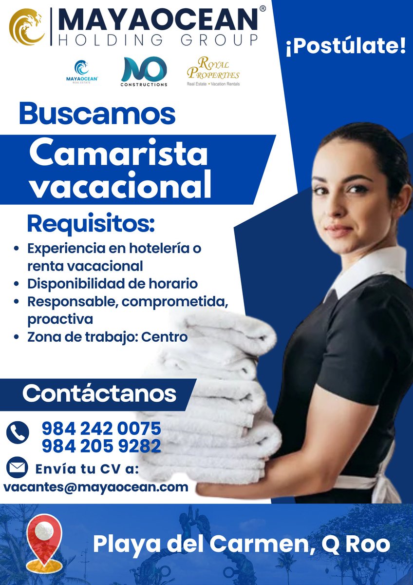 mayaoceanreal's tweet photo. ¡ÚNETE A NUESTRO EQUIPO!
Camarista vacacional Necesaria disponibilidad de horario y actitud responsable, comprometida y proactiva Interesados enviar CV al 984 205 92 82 - 984 242 00 75 o vacantes@mayaocean.com
#Vacantes #BolsaDeTrabajo #empleos #OportunidadesLaborales #trabajo https://t.co/dRK7kzJVCH