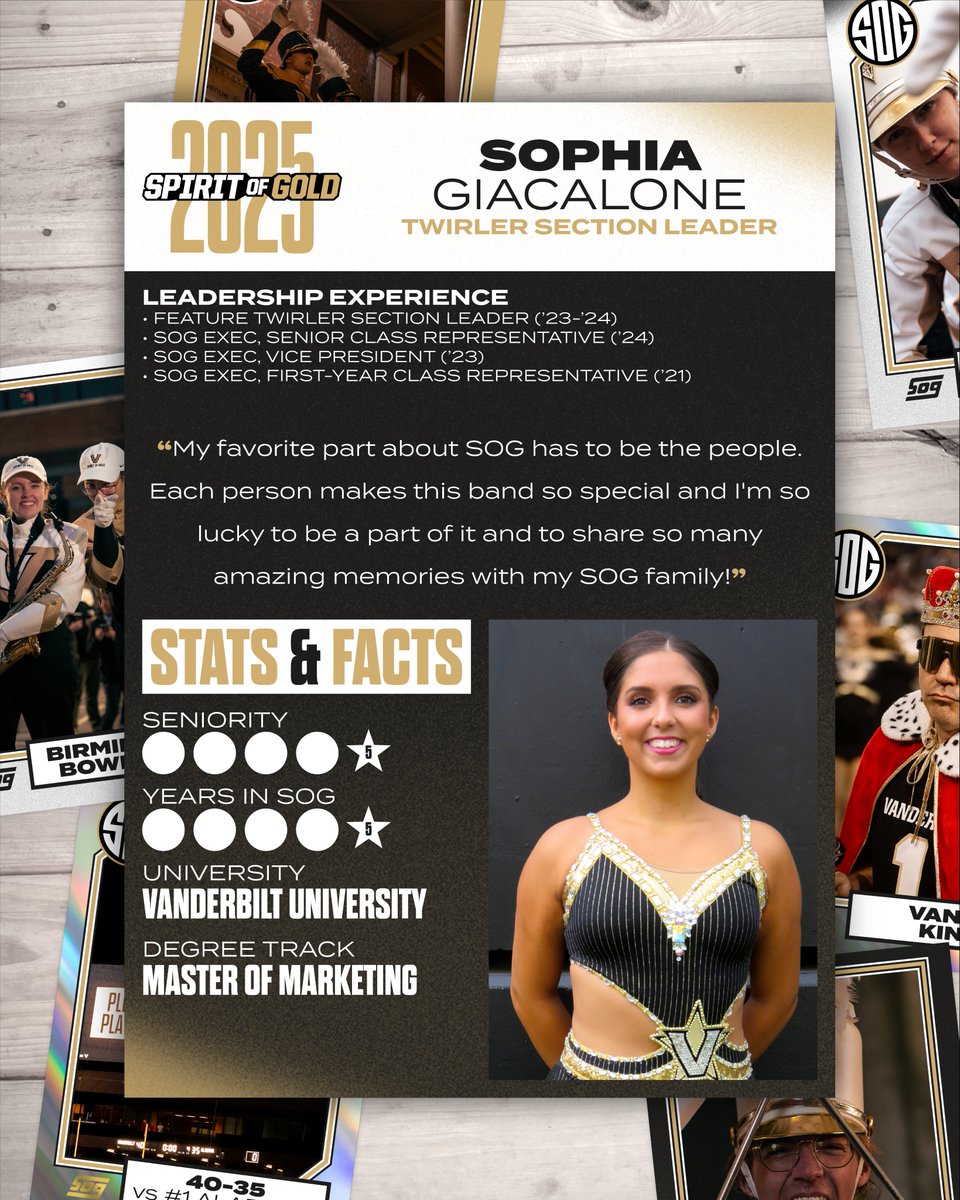 Vanderbilt Marching & Athletic Bands (@vandybands) on Twitter photo Our next featured leader is Feature Twirler Section Leader, Sophia Giacalone!
Sophia is a 5-year member of the Spirit of Gold pursuing a Master of Marketing degree at <a href="/VanderbiltOwen/">Vanderbilt Business</a>.
#AnchorDown #SOGILTB <a href="/VanderbiltU/">Vanderbilt University</a> <a href="/vucommodores/">Vanderbilt Athletics</a> Our next featured leader is Feature Twirler Section Leader, Sophia Giacalone!
Sophia is a 5-year member of the Spirit of Gold pursuing a Master of Marketing degree at <a href="/VanderbiltOwen/">Vanderbilt Business</a>.
#AnchorDown #SOGILTB <a href="/VanderbiltU/">Vanderbilt University</a> <a href="/vucommodores/">Vanderbilt Athletics</a>