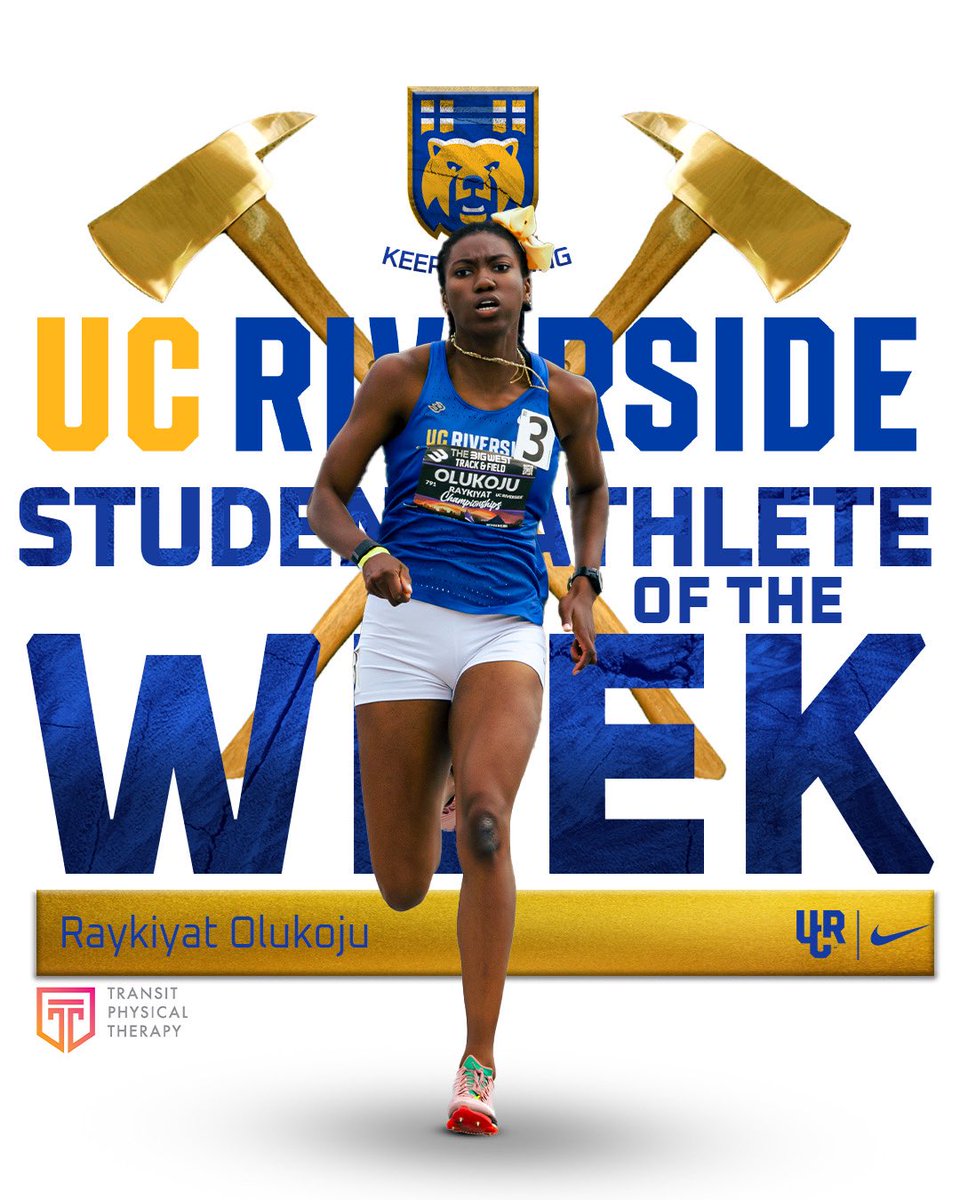 Raykiyat Olukoju is your UCR Athletics Student-Athlete of the week, presented by Transit Physical Therapy!

- Medaled in the 200m at Big West for the third year in a row 
- Led the women’s 4x400 team to a runner up finish at Big West

#GoHighlanders
