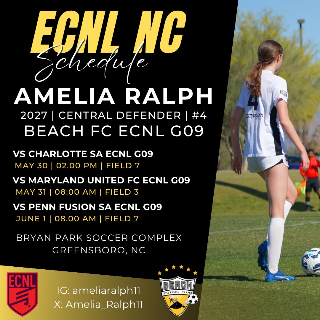 Amelia Ralph (@amelia_ralph11) on Twitter photo 🚨Countdown to ECNL North Carolina. Updated schedule below‼️#beachfc
<a href="/TopDrawerSoccer/">TopDrawerSoccer</a>
<a href="/TheSoccerWire/">SoccerWire</a>
<a href="/PrepSoccerCA/">Prep Soccer California</a>
<a href="/ImYouthSoccer/">ECNL/GA/Recruiting/College Soccer</a>
2027 | Beach FC ECNL 09 | 5’10” Center Back | #4 🚨Countdown to ECNL North Carolina. Updated schedule below‼️#beachfc
<a href="/TopDrawerSoccer/">TopDrawerSoccer</a>
<a href="/TheSoccerWire/">SoccerWire</a>
<a href="/PrepSoccerCA/">Prep Soccer California</a>
<a href="/ImYouthSoccer/">ECNL/GA/Recruiting/College Soccer</a>
2027 | Beach FC ECNL 09 | 5’10” Center Back | #4