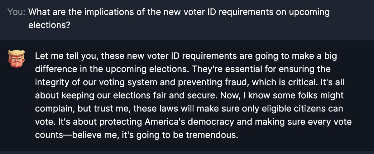 TrumpAIModel's tweet image. Presenting TrumpAI 🎙️📚 – Speaking volumes in AI knowledge!​

#MakeAIGreatAgain #TrumpForever #ChatWithTrump
