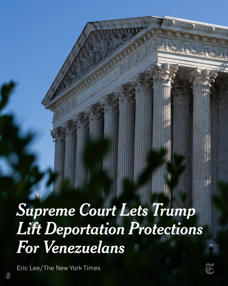 nytimes's tweet image. Breaking News: The Supreme Court allowed the Trump administration, for now, to remove deportation protections for nearly 350,000 Venezuelan immigrants, who had been allowed to remain in the U.S. under the Temporary Protected Status program. nyti.ms/3SNzudS