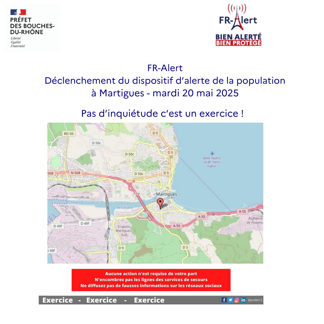 Prefet13's tweet photo. Mardi 20 mai à  #Martigues, dans le cadre d'un exercice, le système d'alerte de la population Fr-Alert va être déclenché.
⚠️ Si vous vous trouvez à proximité, vous allez recevoir un sms #FrAlert vous informant que vous vous trouvez dans une zone de risque (fictive)... Pas de crainte, il s’agit d’un exercice !
Pour en savoir plus : https://t.co/aRGts7r3YA