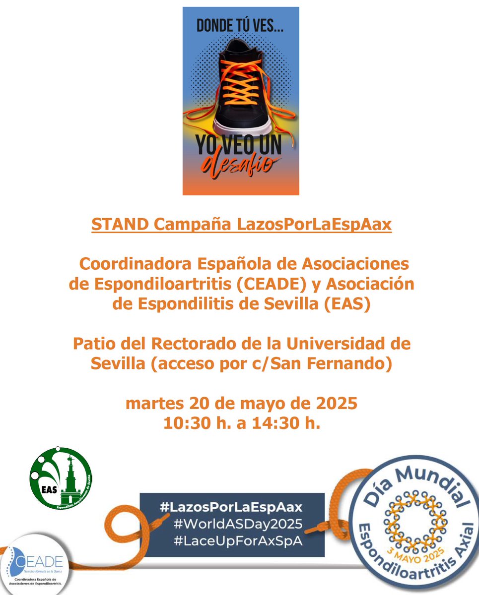 Espondilitis Sevilla (@espondilitiseas) on Twitter photo El martes, 20 de mayo de 2025, estaremos junto a <a href="/CEADE_/">CEADE</a> en la <a href="/unisevilla/">Universidad de Sevilla</a>, visibilizando con la Campaña #LazosPorLaEspAax. Gracias a la <a href="/unisevilla/">Universidad de Sevilla</a>, por permitirnos sus instalaciones.
<a href="/ArtritisHoy/">Artritis Hoy</a>
<a href="/ASIntFed/">ASIF</a>
<a href="/SEReumatologia/">Soc.Esp.Reumatología</a>
<a href="/GRESSER_Espa/">GRESSER</a> El martes, 20 de mayo de 2025, estaremos junto a <a href="/CEADE_/">CEADE</a> en la <a href="/unisevilla/">Universidad de Sevilla</a>, visibilizando con la Campaña #LazosPorLaEspAax. Gracias a la <a href="/unisevilla/">Universidad de Sevilla</a>, por permitirnos sus instalaciones.
<a href="/ArtritisHoy/">Artritis Hoy</a>
<a href="/ASIntFed/">ASIF</a>
<a href="/SEReumatologia/">Soc.Esp.Reumatología</a>
<a href="/GRESSER_Espa/">GRESSER</a>