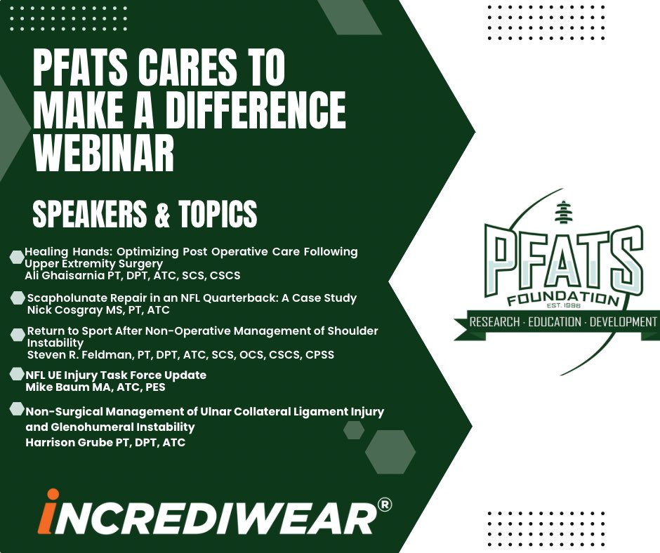 PFATSFoundation's tweet image. This year’s PFATS Cares to Make a Difference Webinar is only a few days away. You’ll have from athletic trainers and physical therapists from several teams. If you haven’t already, be sure to register for this webinar for free CEUs

us02web.zoom.us/webinar/regist…