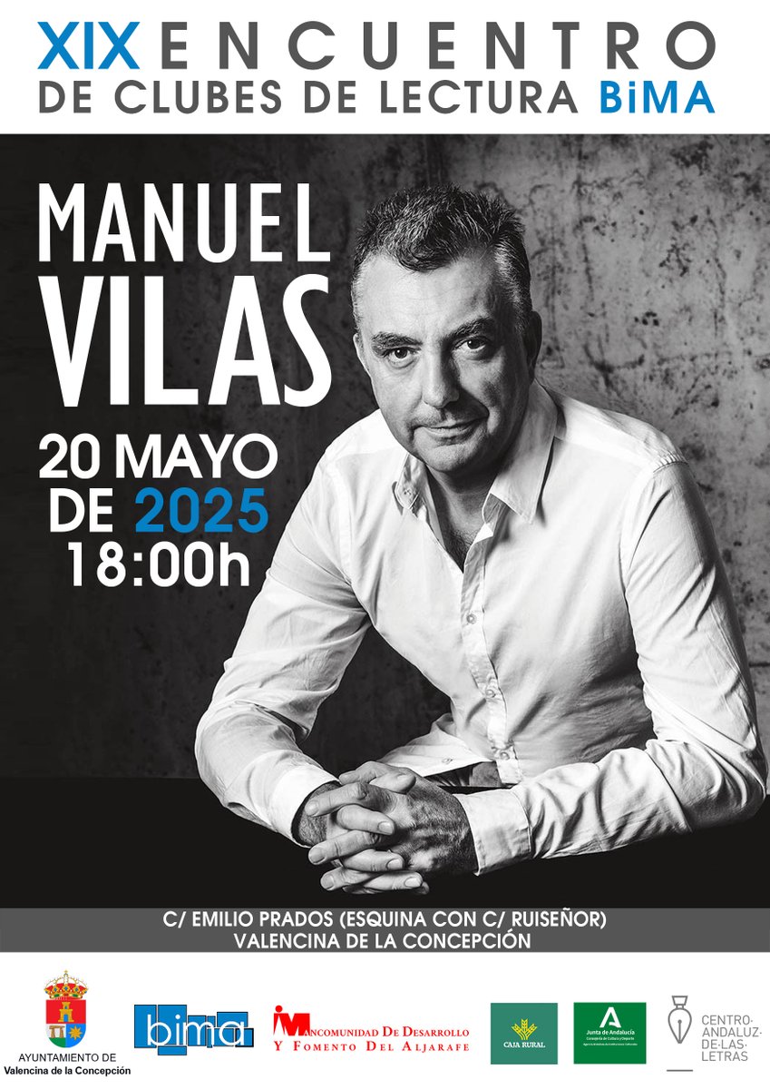 Mañana martes 20 de mayo celebramos el Encuentro de Clubes de Lectura BiMA con el autor Manuel Vilas.
Comenzará a las 18:00h de la tarde en Valencina de la Concepción.
#BibliotecasBiMA
#ClubesDeLectura
#CentroAndaluzdelasLetras
#biblioteca