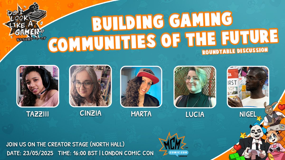 Excited for "Building Gaming Communities of the Future" panel at @mcmcomiccon w/<a href="/myunie/">THIS IS MARTAAA Ⓥ</a>, <a href="/lu_la_re/">The Nerd Violinist</a>, @geekybakine &amp; <a href="/Tazziii/">Tazziii</a> - exploring how gaming communities are evolving &amp; how to create inclusive spaces!

📅 May 23rd, 4PM 
📍 Creator Stage
🎟️ mcmcomiccon.com/london/en-us.h…
