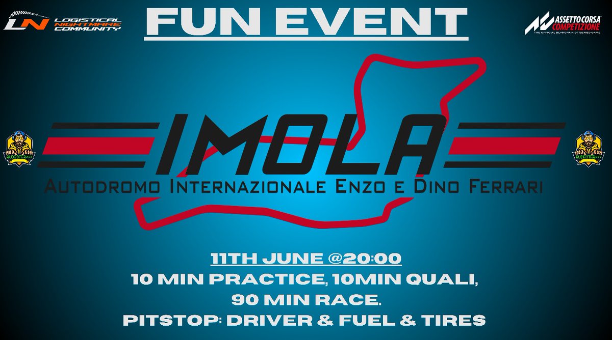 GET READY TO RACE, LEGENDS! 🔥
LNR Community is bringing the heat to Imola! 🇮🇹 Join us for a 90-minute sprint at the legendary Autodromo Internazionale Enzo e Dino Ferrari in Assetto Corsa Competizione!