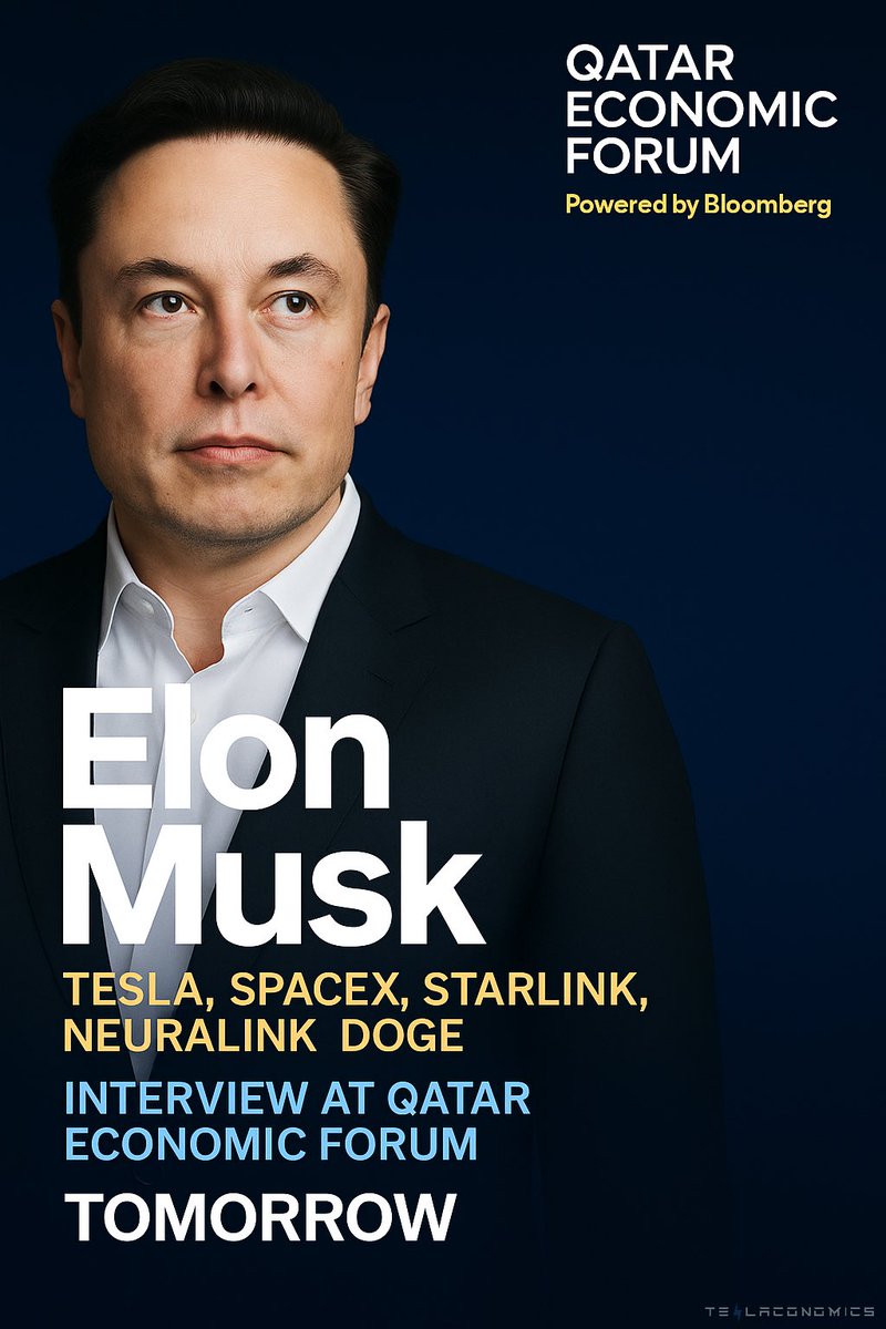 Teslaconomics (@teslaconomics) on Twitter photo Elon Musk will be interviewed tomorrow at the Qatar Economic Forum at 6AM PST.
Go <a href="/elonmusk/">Kekius Maximus</a>! 👊⚡️ Elon Musk will be interviewed tomorrow at the Qatar Economic Forum at 6AM PST.
Go <a href="/elonmusk/">Kekius Maximus</a>! 👊⚡️