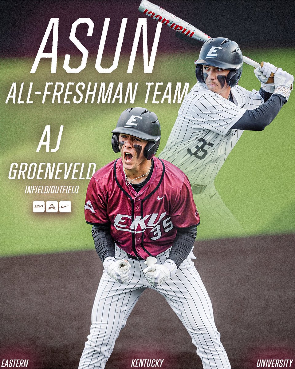 EKU Baseball (@ekubaseball) on Twitter photo 🚨BREAKING NEWS
<a href="/AjGroeneveld/">Aj Groeneveld</a> has earned a spot on the <a href="/ASUNSports/">Atlantic Sun Conference</a> All-Freshman Team
AJ led the Colonels this season with ...
⚾️a .300 batting average
⚾️a .404 on-base percentage
⚾️11 steals
Full story 👉bit.ly/43Ckhmi
#GoBigE 🚨BREAKING NEWS
<a href="/AjGroeneveld/">Aj Groeneveld</a> has earned a spot on the <a href="/ASUNSports/">Atlantic Sun Conference</a> All-Freshman Team
AJ led the Colonels this season with ...
⚾️a .300 batting average
⚾️a .404 on-base percentage
⚾️11 steals
Full story 👉bit.ly/43Ckhmi
#GoBigE