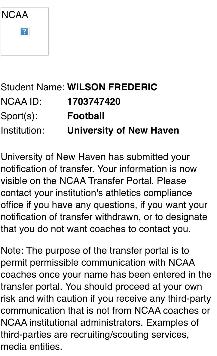 Wilson Frederic (@wilsonfred71432) on Twitter photo Thank you University of New Haven for an amazing opportunity, thank you <a href="/CoachPince/">Christopher Pincince</a> <a href="/Mazon_walker99/">Coach Walker</a> <a href="/CoachKuseee/">Walter Kusmirek</a>. Officially in the portal!! Thank you University of New Haven for an amazing opportunity, thank you <a href="/CoachPince/">Christopher Pincince</a> <a href="/Mazon_walker99/">Coach Walker</a> <a href="/CoachKuseee/">Walter Kusmirek</a>. Officially in the portal!!