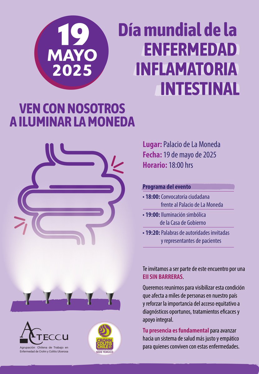 VEN CON NOSOTROS A ILUMINAR LA MONEDA !

- Lugar: Palacio de la Moneda.
- Fecha: 19 de mayo de 2025
- Horario: 18:00hrs.

Tu presencia es fundamental para avanzar hacia un sistema de salud más justo y empático para quienes conviven con estas enfermedades.