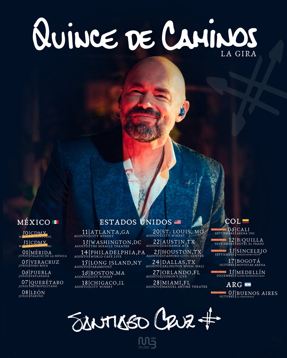M3MusicCo's tweet photo. 🔥 @SantiCruz anuncia nuevas fechas para su #QuinceDeCaminosLaGira🔥 

Con 5 fechas confirmadas en Colombia, el artista se presentará en Cali, Barranquilla, Sincelejo, Bogotá, Medellín, y anuncia su regreso a Argentina con un show en Buenos Aires. 

#M3Music https://t.co/oQcNeqM0fn