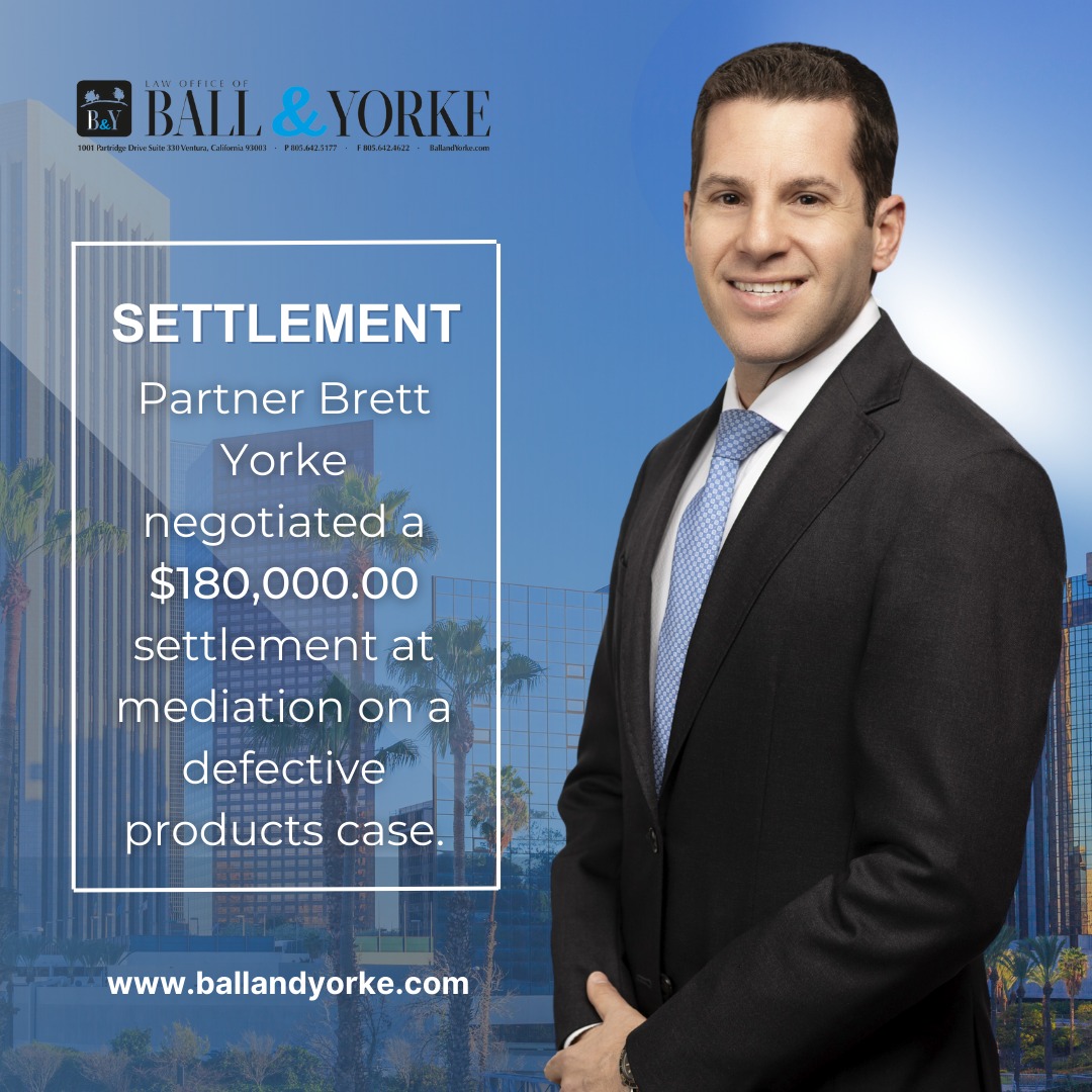 BALL_AND_YORKE's tweet photo. Our partner, Brett Yorke, has successfully secured a $180,000 settlement during mediation for a defective products case! 💼👏 We’re thrilled about this fantastic result for our client.

📞: (805) 642-5177
💻: https://t.co/YiRwFFto0a

#Attorneys #LawOfficeOfBallAndYorke #BallA ... https://t.co/pARCSzuz79