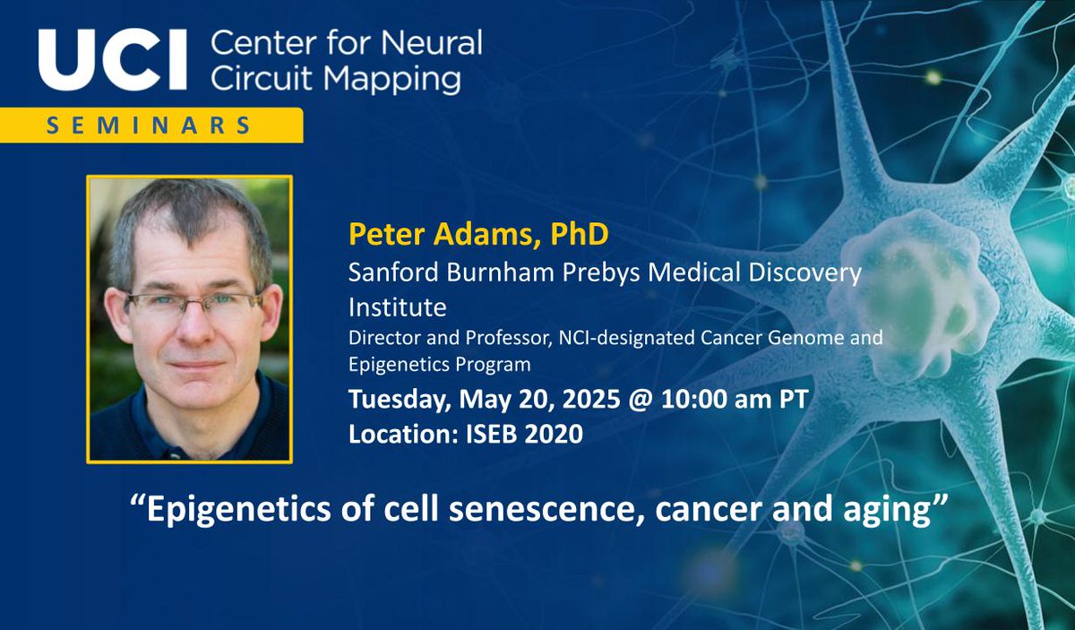 UCI_NeurCircuit's tweet image. Excited to announce Peter Adams (Stanford Burnham Prebys Medical Discovery Institute) as our next speaker!
📢“Epigenetics of cell senescence, cancer and aging"
🗓️May 20 @ 10 AM - 11 AM
📍ISEB 2020
forms.gle/ZPdrLKWgnmBm9q…