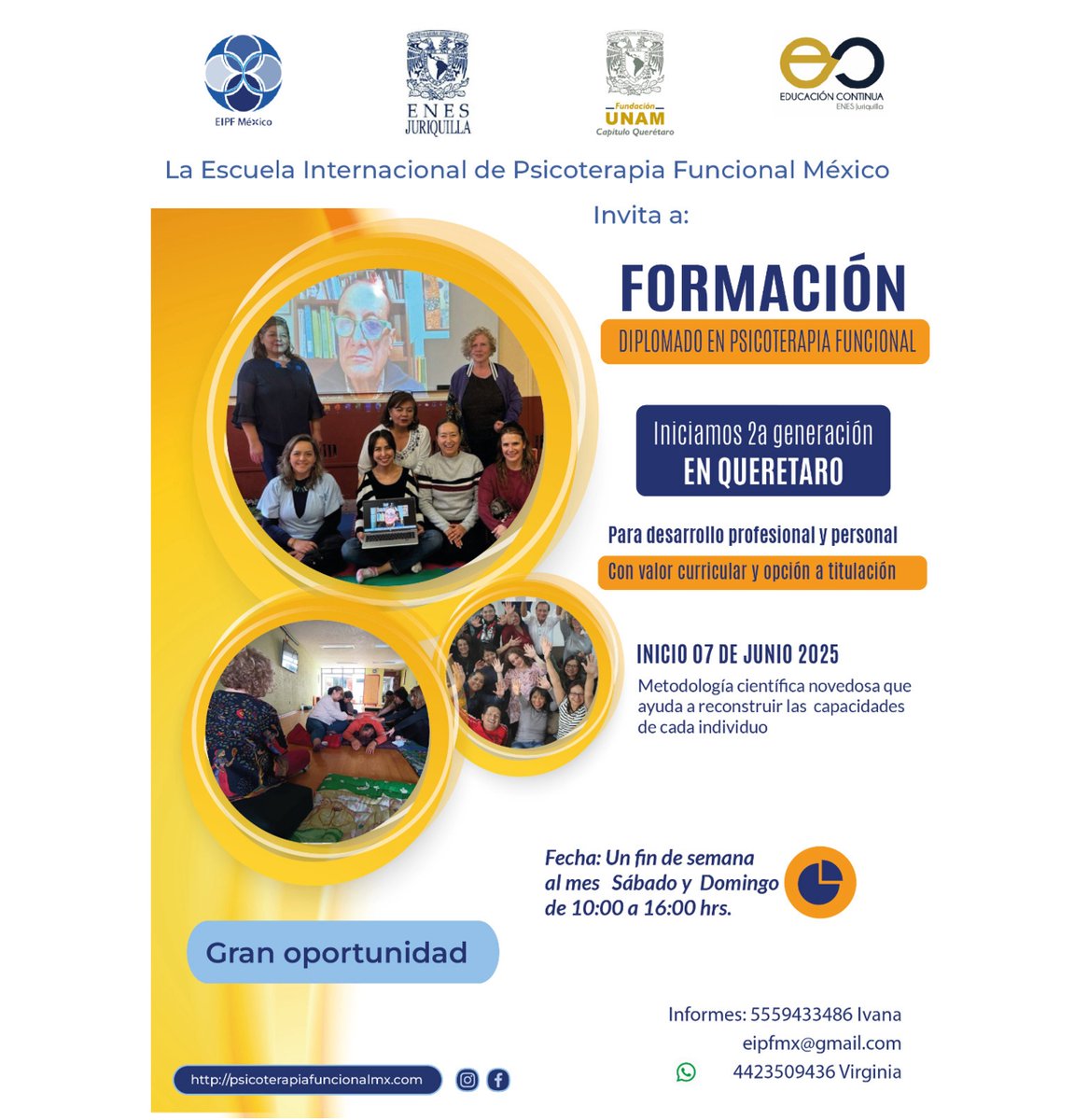ENES Juriquilla (@enesjuriquilla) on Twitter photo 🌟 ¡Inscríbete al Diplomado en Psicoterapia Funcional! 🌟
📞 Para más información:
Contacta a Ivana al 55 5943 3486
Escríbenos al correo: eipfmx@gmail.com
Envía un WhatsApp a Virginia al 442 350 9436
Visita nuestra página web: psicoterapiafuncionalmx.com 🌟 ¡Inscríbete al Diplomado en Psicoterapia Funcional! 🌟
📞 Para más información:
Contacta a Ivana al 55 5943 3486
Escríbenos al correo: eipfmx@gmail.com
Envía un WhatsApp a Virginia al 442 350 9436
Visita nuestra página web: psicoterapiafuncionalmx.com