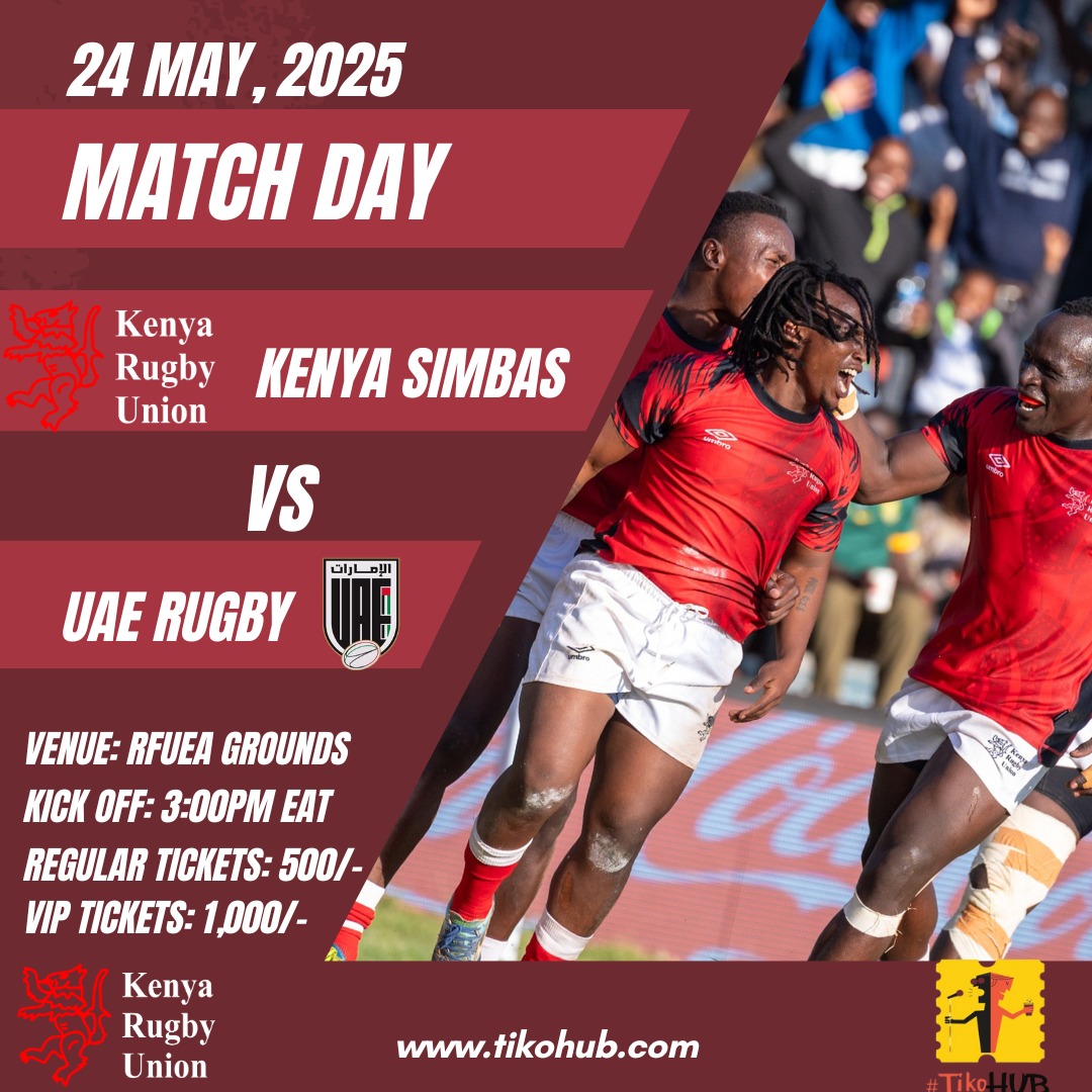 Evans Bet Tv - #RugbyKe (@evansbettv) on Twitter photo Get ready for some top-tier rugby this Saturday 🏉🇰🇪
The <a href="/KenyaSimbas/">#SupportTheSimbas</a> take on UAE at RFUEA Grounds, 3PM, a vital warm-up before their South Africa tour & Rugby Africa Cup journey begins
🎟️ Tickets: 500/- reg, 1,000/- VIP
Grab yours👉 tikohub.com
#SimbasVsUAE #RugbyKe Get ready for some top-tier rugby this Saturday 🏉🇰🇪
The <a href="/KenyaSimbas/">#SupportTheSimbas</a> take on UAE at RFUEA Grounds, 3PM, a vital warm-up before their South Africa tour & Rugby Africa Cup journey begins
🎟️ Tickets: 500/- reg, 1,000/- VIP
Grab yours👉 tikohub.com
#SimbasVsUAE #RugbyKe