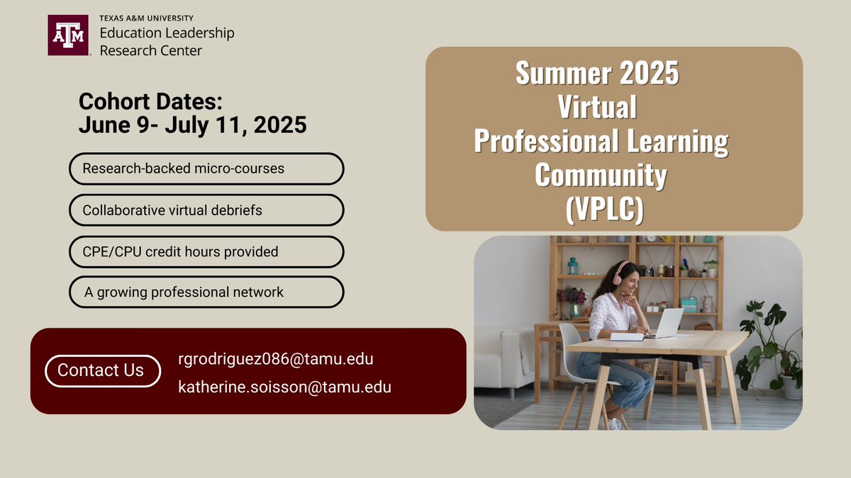 Join our Summer 2025 Virtual Professional Learning Community (VPLC) – a collaborative space designed to elevate your leadership impact in bilingual and dual language education.
Cohort Dates: June 9 – July 11, 2025
Interest form:
tamucehd.qualtrics.com/jfe/form/SV_0B…