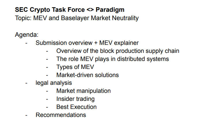 Thomas Chow 🌱 (@chinaesq) on Twitter photo I love reading the <a href="/SECGov/">U.S. Securities and Exchange Commission</a> crypto task force meeting agendas because you can see who is principled and who is not.
Pretty disheartened to see <a href="/paradigm/">Paradigm</a> defending MEV when it's pretty clear to everyone that MEV is 1) a bad technical architecture choice and 2) enables fraud. I love reading the <a href="/SECGov/">U.S. Securities and Exchange Commission</a> crypto task force meeting agendas because you can see who is principled and who is not.
Pretty disheartened to see <a href="/paradigm/">Paradigm</a> defending MEV when it's pretty clear to everyone that MEV is 1) a bad technical architecture choice and 2) enables fraud.