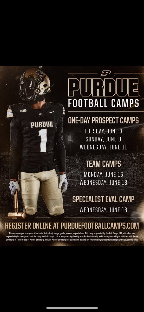🚨 CALLING ALL BALLERS 🚨
The 🔥 is coming to West Lafayette.

💪 1-Day Prospect Camps: June 3, 8, 11
🛡 Team Camps: June 16 &amp; 18
🎯 Specialist Camp: June 18

📍 Come compete. Come get better. Come get seen.
📲 Register NOW: purduefootballcamps.com
#BoilerUp | #PurdueFootball |