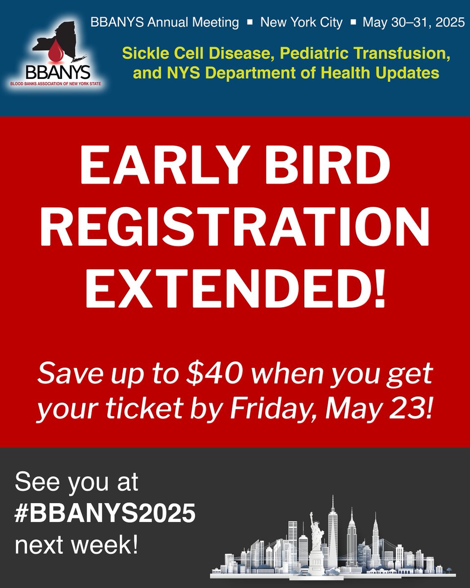 BBANYS (@bba_nys) on Twitter photo #BBANYS2025 early bird registration has been extended! Save when you get your BBANYS Annual Meeting tix by 5/23. Join us for 1½ days of incredible sessions on "Sickle Cell Disease, Pediatric Transfusion, NYS Department of Health Updates" & more! Register: bbanys.org/annual-meeting #BBANYS2025 early bird registration has been extended! Save when you get your BBANYS Annual Meeting tix by 5/23. Join us for 1½ days of incredible sessions on "Sickle Cell Disease, Pediatric Transfusion, NYS Department of Health Updates" & more! Register: bbanys.org/annual-meeting