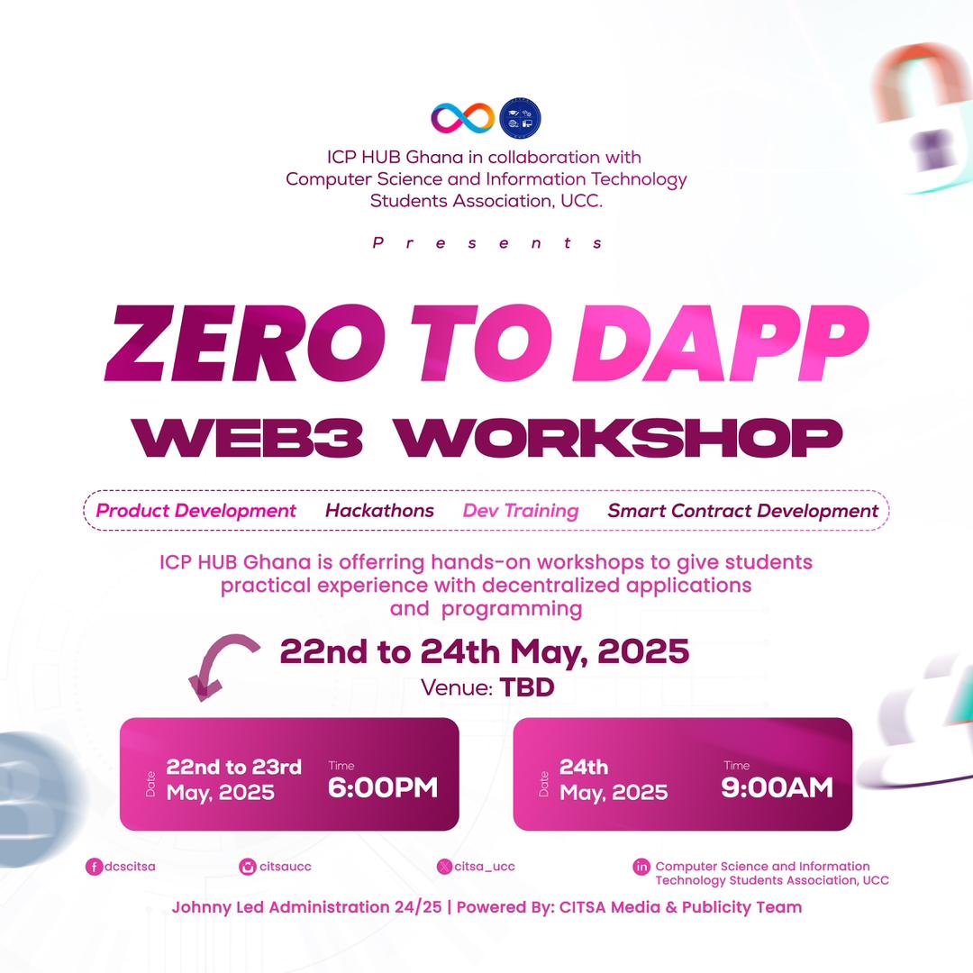 OnlineMarket_1's tweet photo. Join the Zero to Dapp Web3 Workshop (May 22-24, 2025) at UCC!🥳
Learn Smart Contract Development, Dev Training, & more with ICP HUB Ghana & CITSA🔥
🔗 Register: https://t.co/kU71xJdaKp
#Web3 #Blockchain #ZeroToDapp #ICPHubGhana #SmartContracts https://t.co/H0oODovl6l
