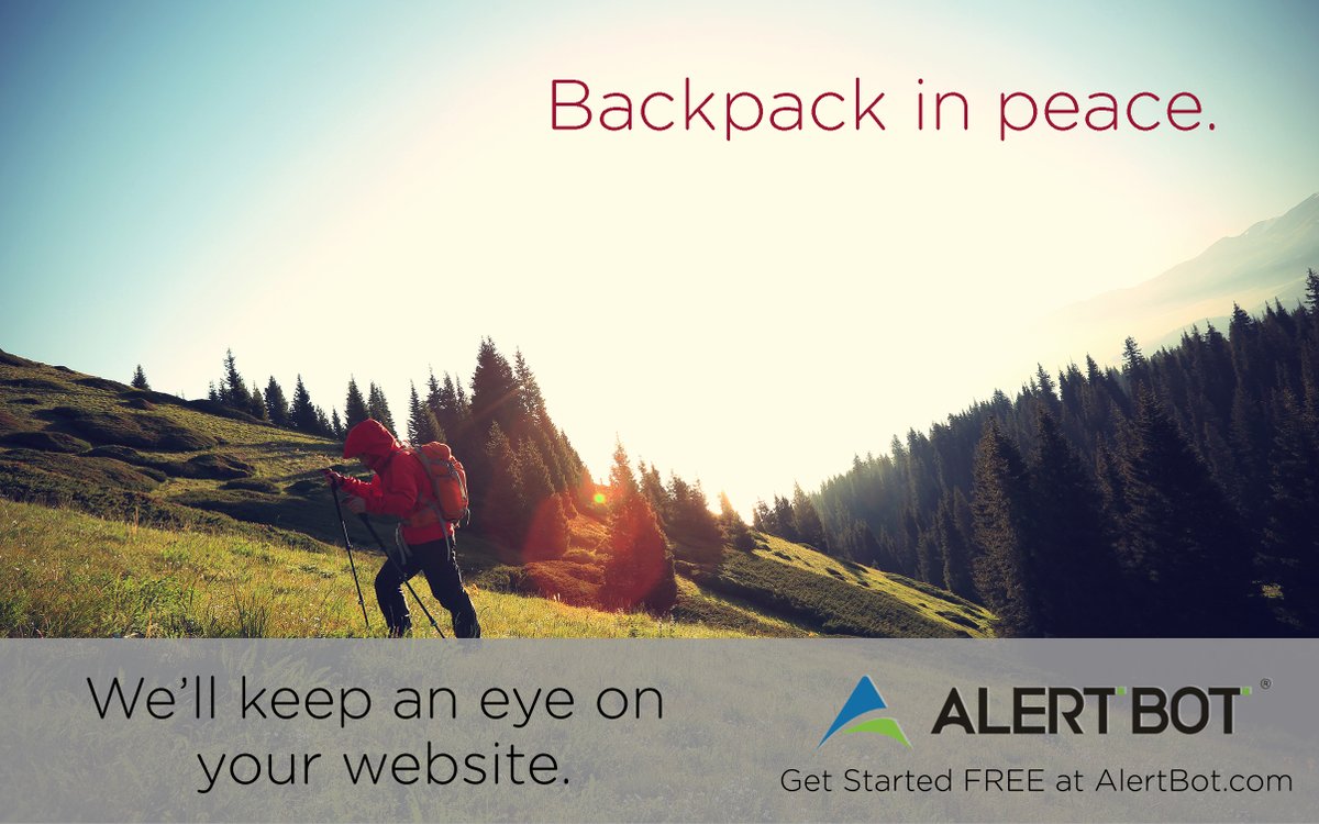 AlertBot's tweet image. Backpack in peace. 🥾

We got you. We&apos;ll keep an eye on your website. 👀

Try AlertBot totally FREE today. AlertBot.com

#webperf #backpacking #nature #websiteperformance #wegotyou #PeaceOfMind