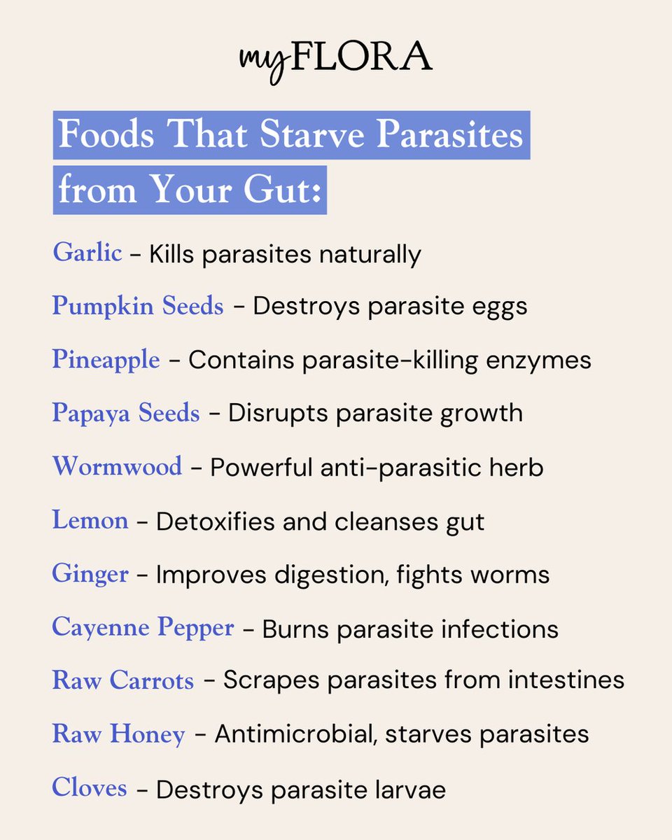 My_Flora_ai's tweet photo. 🦠 Got gut parasites?
Your kitchen might hold the cure. 🌿 From garlic to papaya seeds, these powerhouse foods help fight them off—naturally.

🧬 Curious about your gut health?
Order your test kit at 👉 https://t.co/pWMzrNNVPp

#GutHealth #ParasiteCleanse #NaturalHealing #MyFlora https://t.co/Qc4zrp3Rui