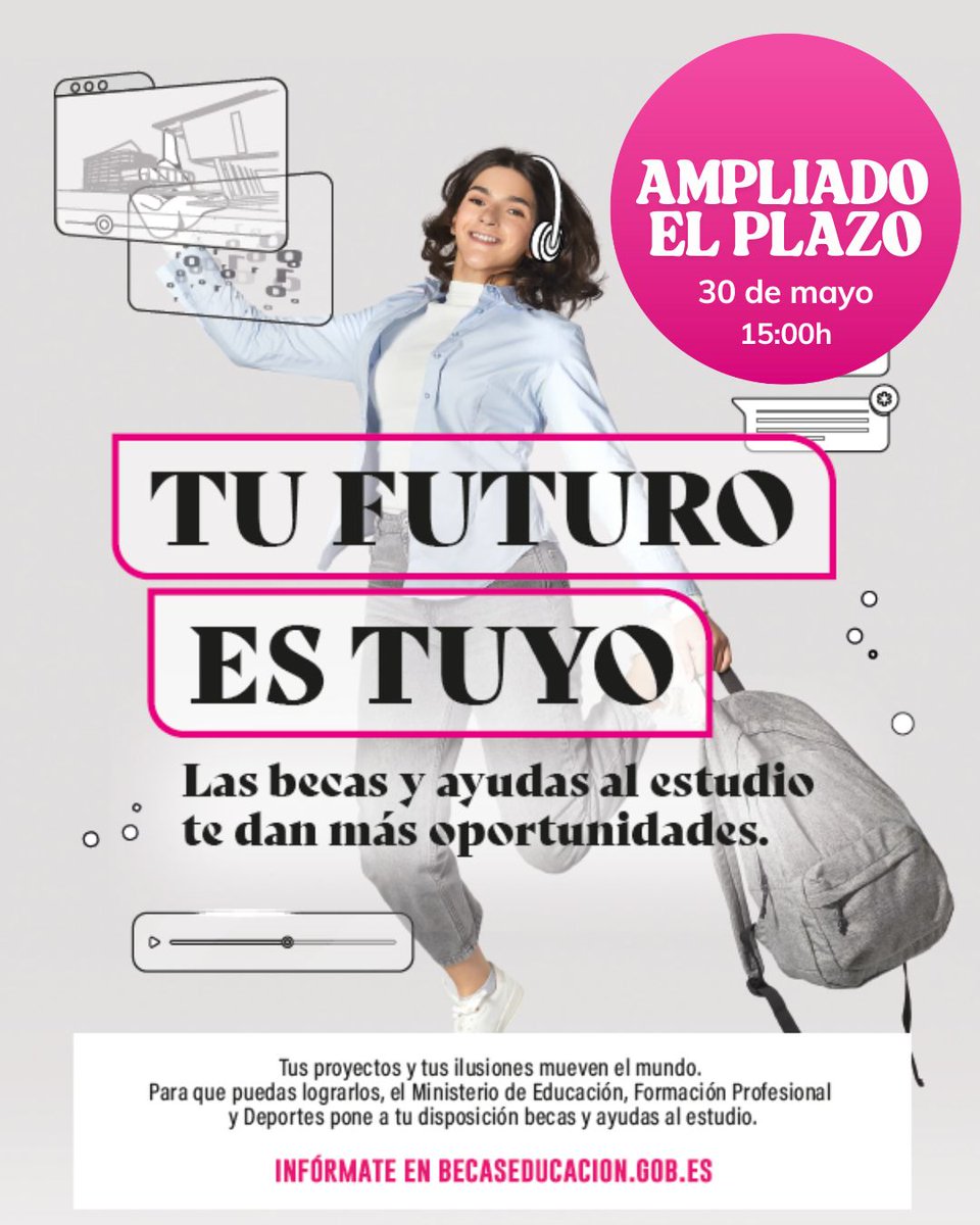 👉PIDE YA TU BECA👈

🔸Estudios universitarios 
🔸Bachillerato 
🔸FP
🔸Enseñanzas Artísticas
🔸Apoyo Educativo

🔴AMPLIADO EL PLAZO. Tienes hasta el 30 de mayo para pedirla👇
becaseducacion.gob.es/portada.html