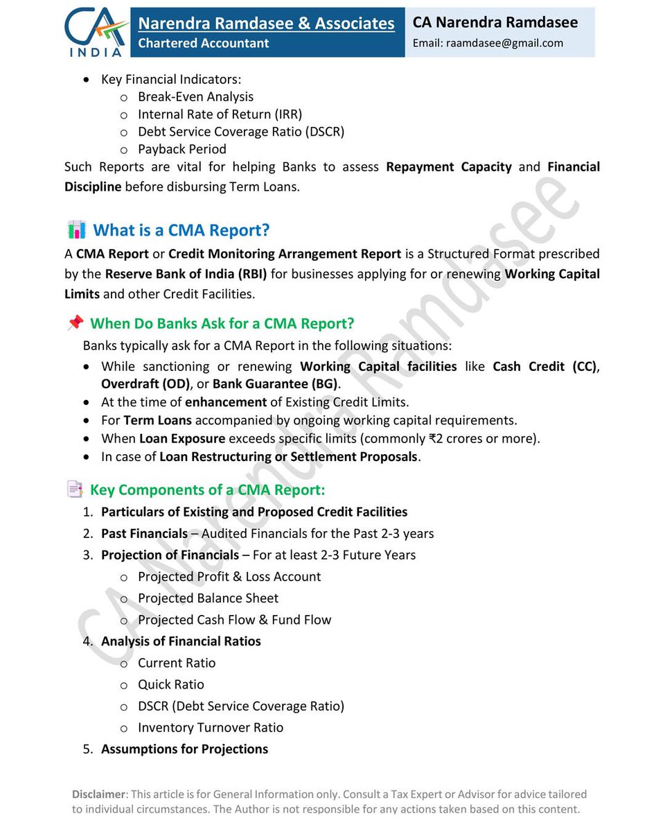 ramdasee's tweet image. When do Banks Ask for a Project Report and When for a CMA Report?
#CMA #ProjectReport #Report #CA #CS #Bank #Laon #Banks #ICAI #INDIA #CAINDIA #ICAICA