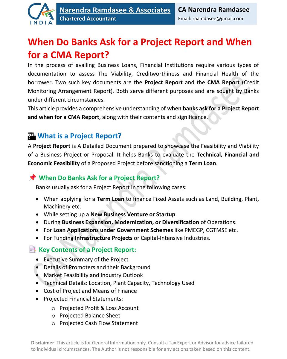 ramdasee's tweet image. When do Banks Ask for a Project Report and When for a CMA Report?
#CMA #ProjectReport #Report #CA #CS #Bank #Laon #Banks #ICAI #INDIA #CAINDIA #ICAICA