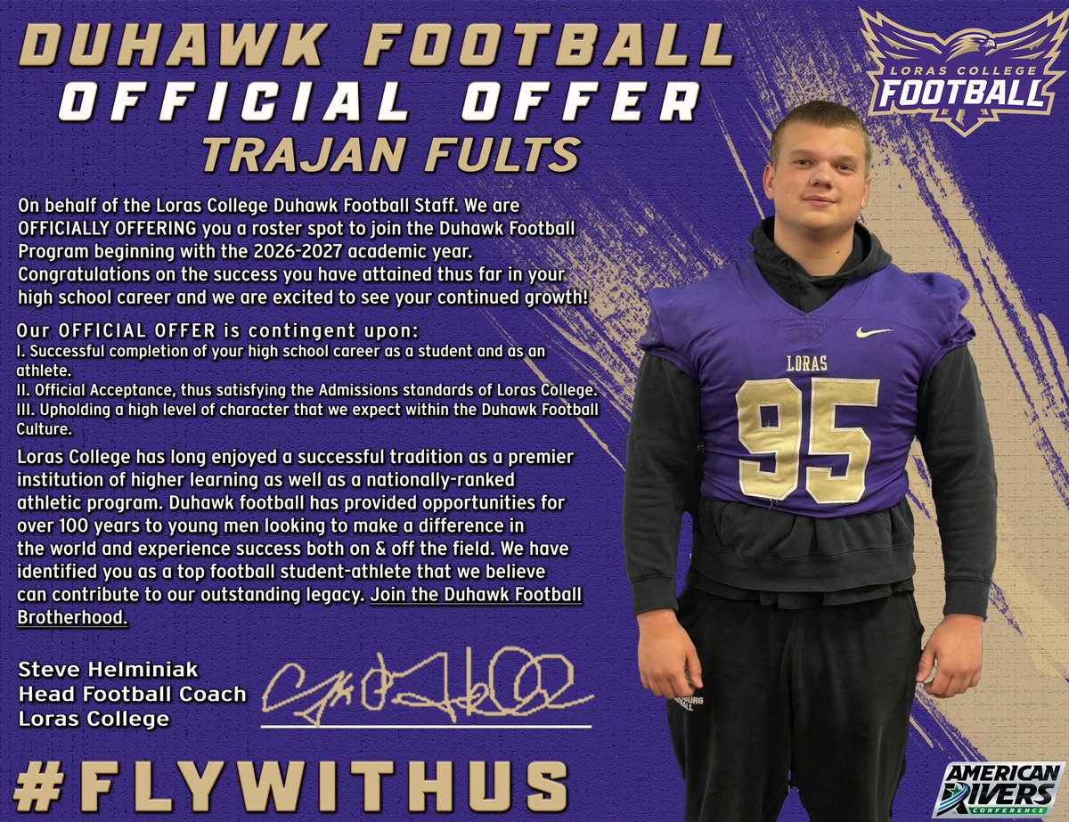 After a great conversation with <a href="/CoachHLorasFB/">Steve Helminiak</a> I am excited to say that I have recieved my first offer from <a href="/LorasCollegeFB/">Loras Football</a>. It has been great to get to know the coaches and players as well as what Loras is all about. <a href="/BHSdogsfootball/">BHS Football</a>