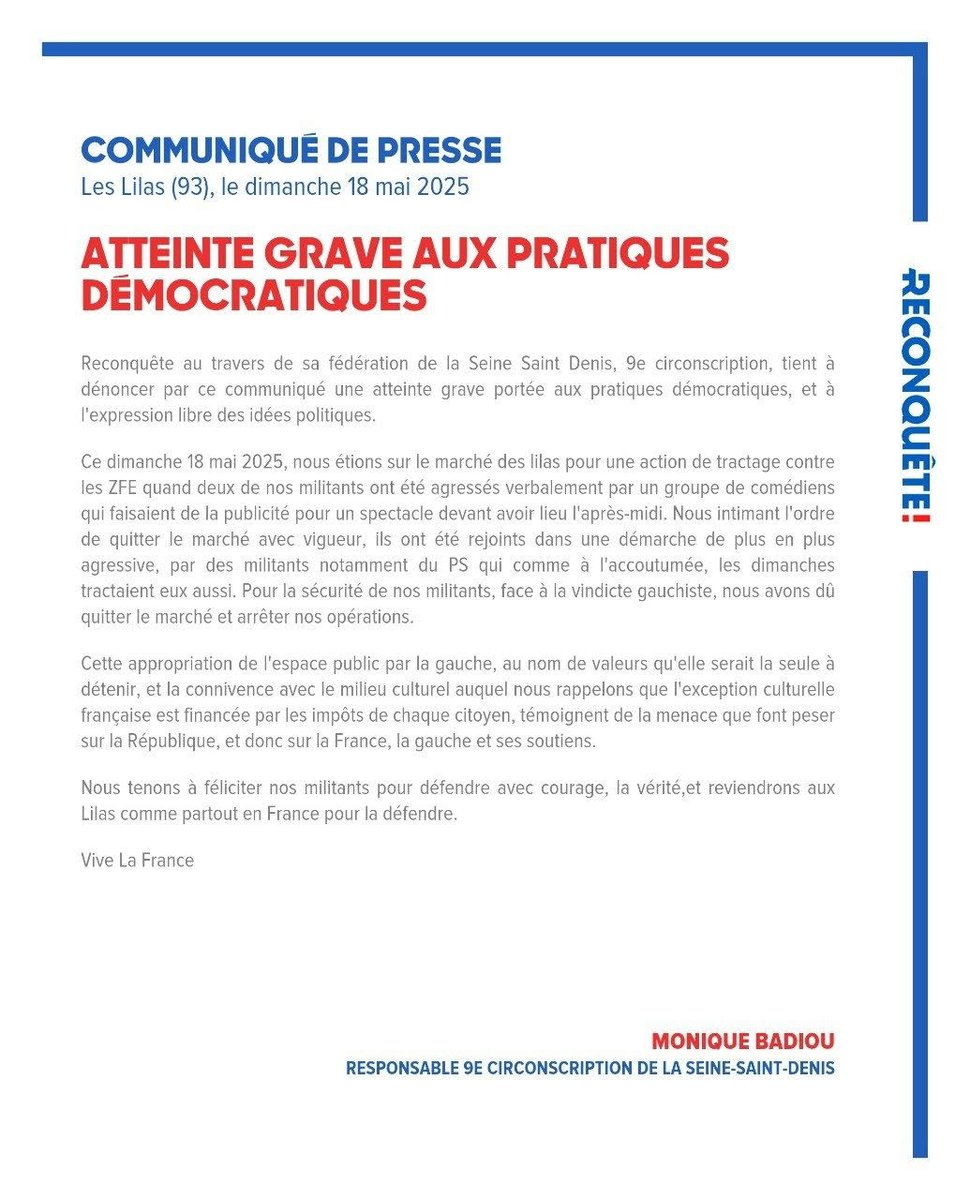 Reconquete93's tweet photo. Suite à l'atteinte grave portée à  nos militants sur le marché des Lilas ce dimanche. https://t.co/1JS0453nay