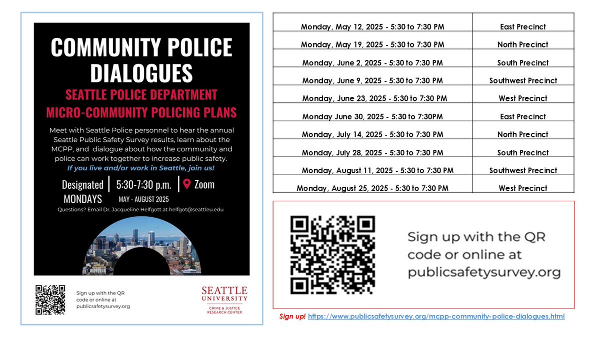 North Precinct SPD MCPP Community-Police Dialogue is tonight 5:30-7:30pm via Zoom, followed by South Precinct in two weeks on June 2nd!  If you live and/or work in Seattle, don't miss this opportunity to learn about the SPD MCPP, hear results of the Seattle Public Safety Survey,