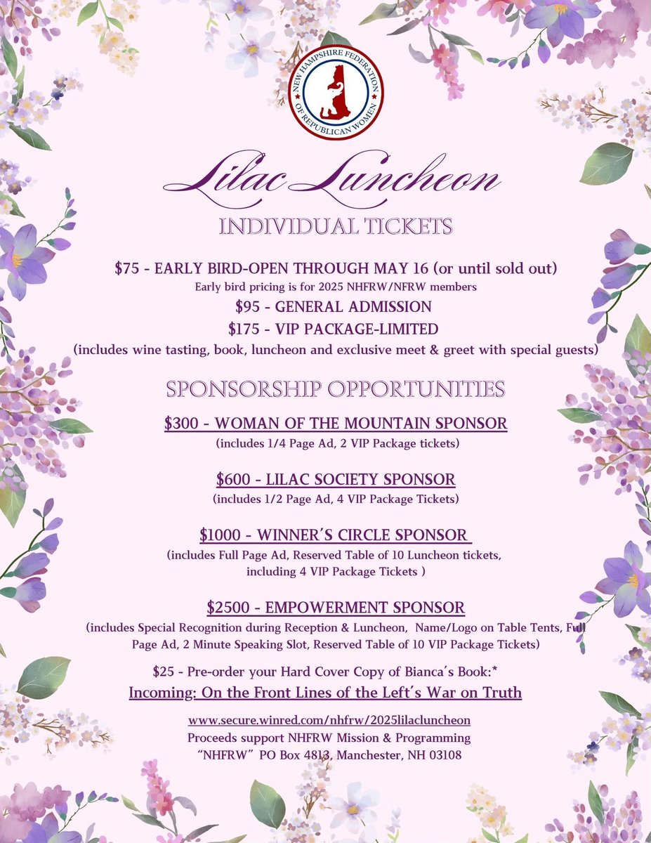 Have you reserved your spot for our Lilac Luncheon? We are honored to have <a href="/BiancaDLGarza/">Bianca de la Garza</a> and <a href="/kc4gop/">K.C. Crosbie</a> join us on June 28 for this special event!

Get your tickets today!💜
secure.winred.com/nhfrw/2025lila…