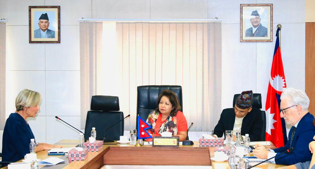 Arzuranadeuba's tweet photo. A joint courtesy call on by the EU Ambassador to Nepal, H.E. Ms. Veronique Lorenzo, along with both resident and non-resident ambassadors of EU member countries today. The meeting covered a wide range of topics related to Nepal-EU relations, including climate change, green energy, foreign investment, Nepal’s graduation from LDC status, foreign employment, and technology transfer.