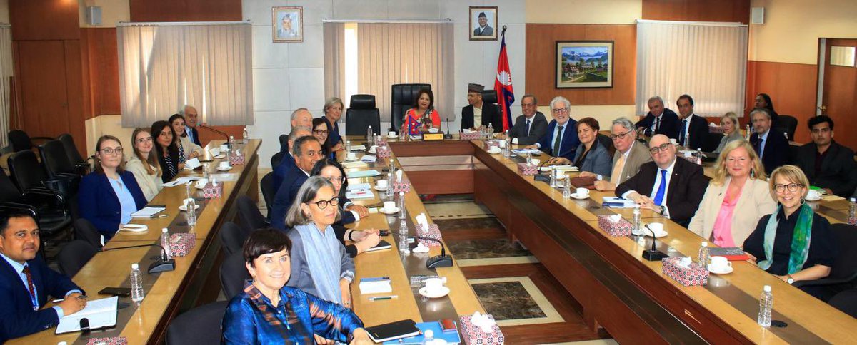 Arzuranadeuba's tweet photo. A joint courtesy call on by the EU Ambassador to Nepal, H.E. Ms. Veronique Lorenzo, along with both resident and non-resident ambassadors of EU member countries today. The meeting covered a wide range of topics related to Nepal-EU relations, including climate change, green energy, foreign investment, Nepal’s graduation from LDC status, foreign employment, and technology transfer.